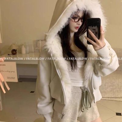 杏色毛毛领连帽卫衣外套女秋冬季棉服加绒加厚小个子短款拉链上衣