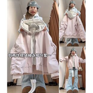 日系复古假两件皱褶连帽外套女学生韩版宽松春秋新款休闲夹克上衣
