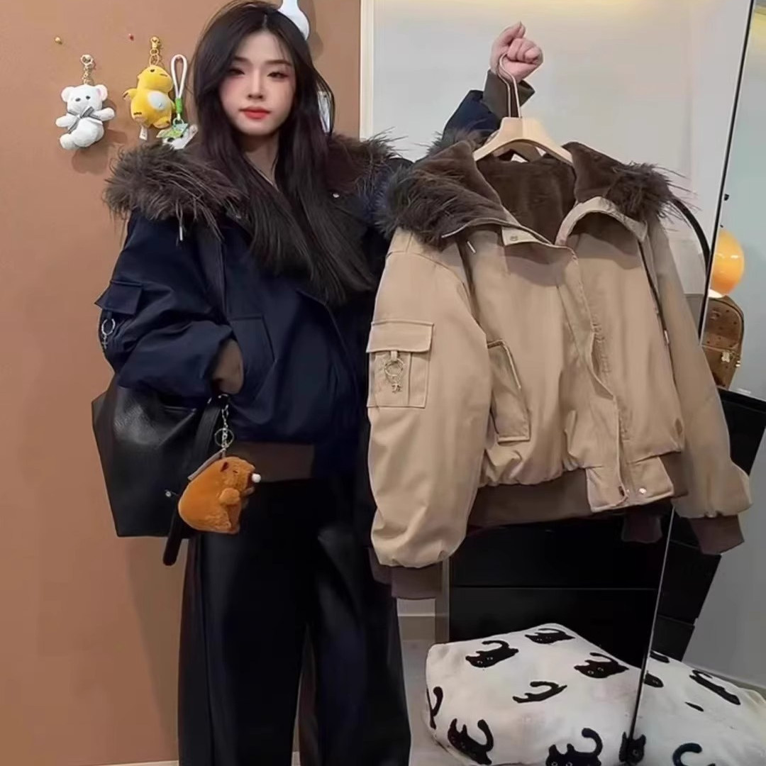 美式复古加绒毛领连帽棉服派克服女冬季飞行员夹克保暖棉衣外套潮