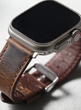 手工头层牛皮表带复古男适配苹果手表 ultra2 S10 49mm 46mm柔软