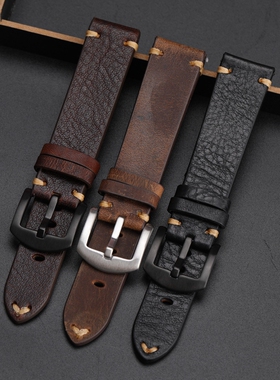 手工牛皮表链18 19 20 21 22MM意大利疯马皮登山表复古男真皮表带
