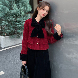 2025秋季 小香风外套搭蝴蝶结领带 新款 翻边袖 半身裙 套裙