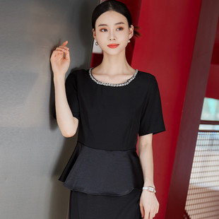 法式 款 气质镶钻圆领短袖 夏季 轻熟风OL设计感显瘦上衣女 衬衫
