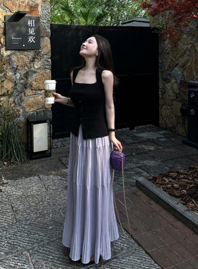 黑色方领冰丝开叉上衣吊带背心+紫色压褶字蛋糕裙半身裙两件套