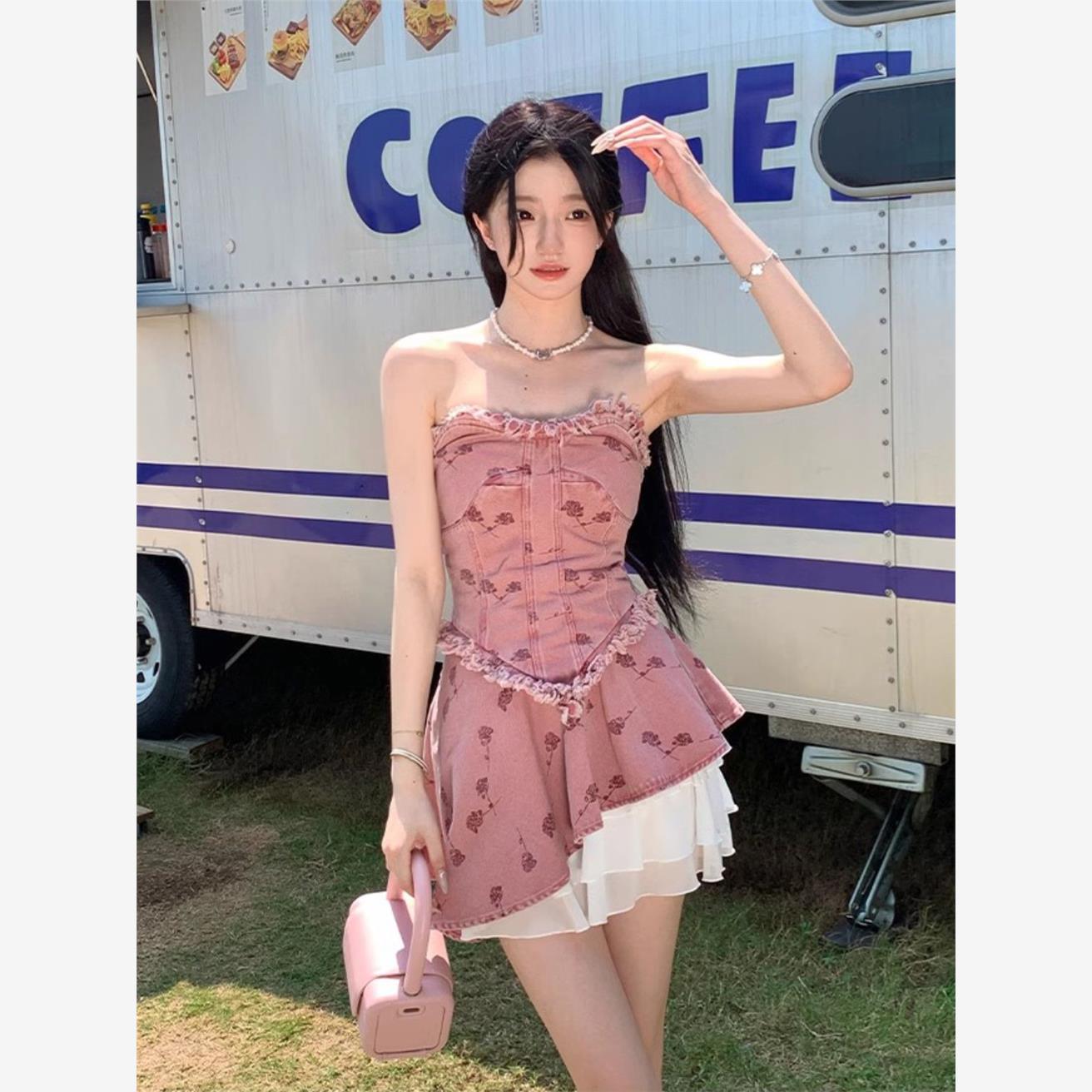 复古纯欲风辣妹抹胸套装女夏季新款牛仔背心高腰不规则设计纱裙子