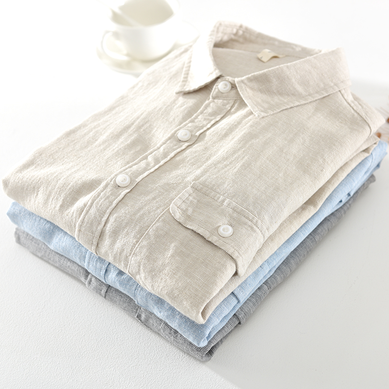 春夏季亚麻衬衫男长袖棉麻衬衣
