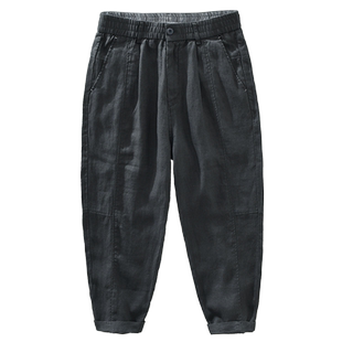 中国风拼接亚麻九分裤男宽松夏季薄款 复古棉麻裤纯麻料休闲裤子