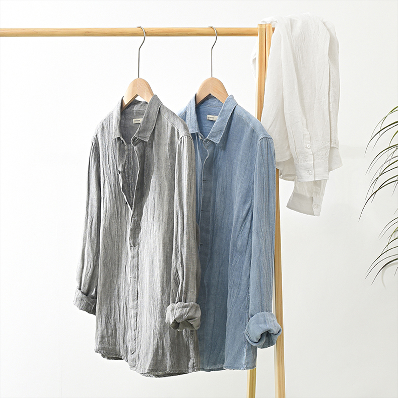 复古褶皱亚麻衬衫男长袖棉麻衬衣