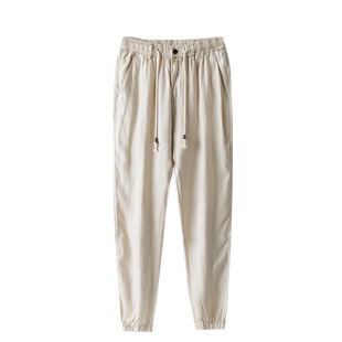 冰感亚麻裤男宽松垂感夏季薄款棉麻裤子纯麻料休闲束脚裤抽绳长裤