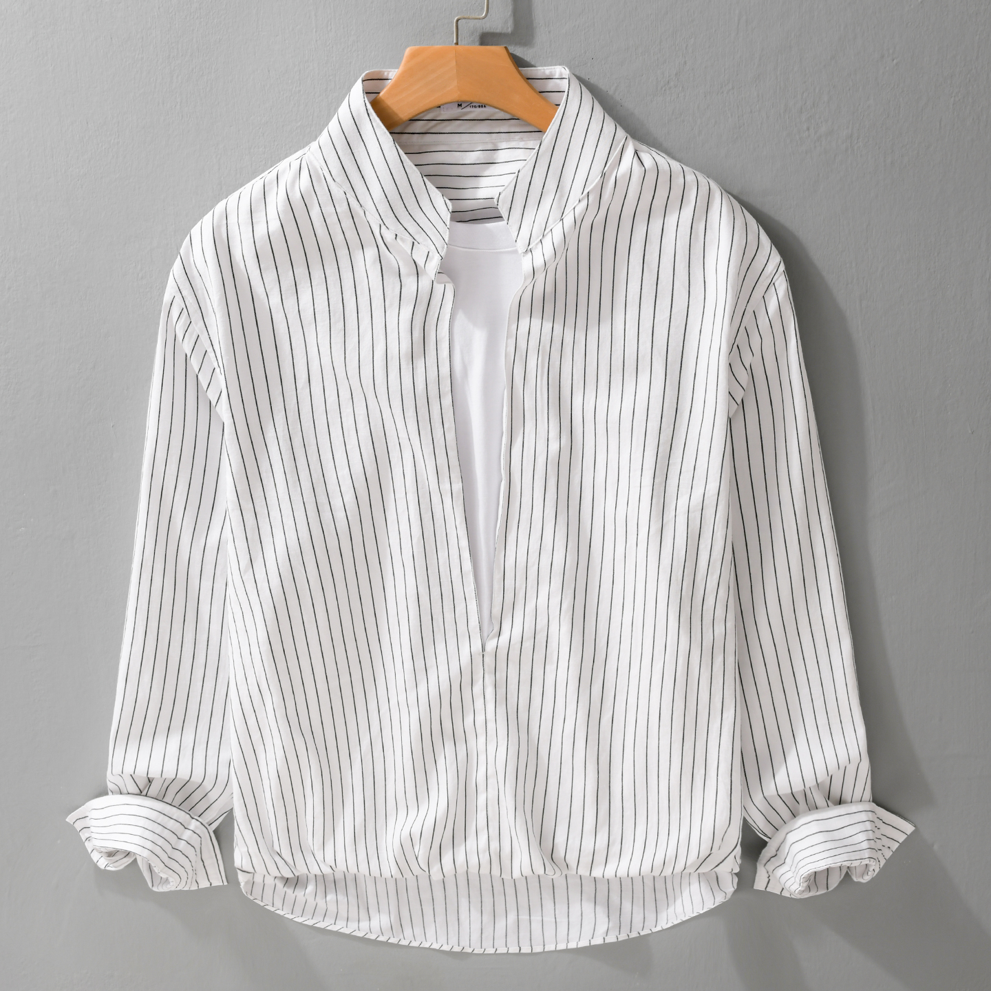 日系复古高级感条纹假两件立领春秋长袖衬衫男士轻奢百搭休闲衬衣