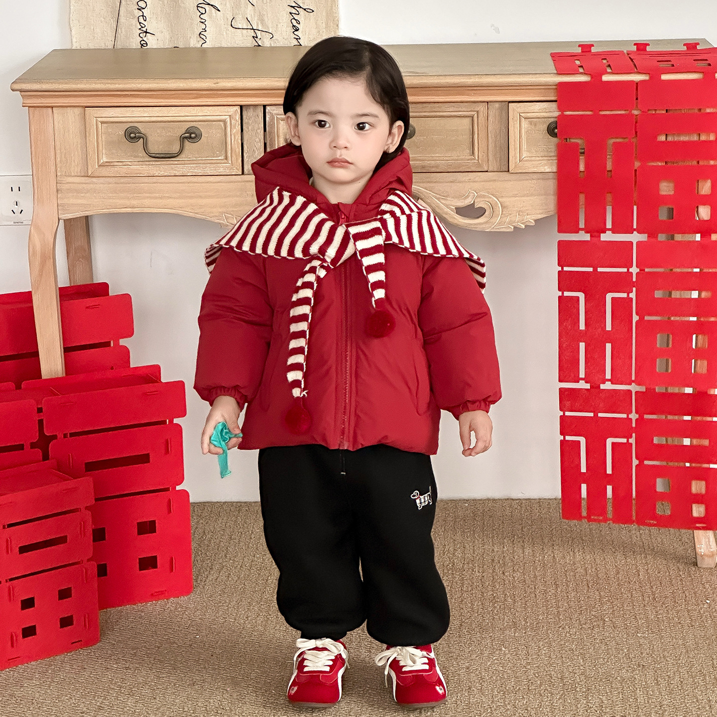 点兮冬季新款婴幼儿毛线披肩棉服套装宝宝连帽棉衣加绒裤子两件套