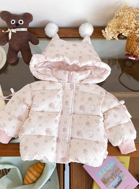 DW257003儿童羽绒服2025冬季新款连帽卡通印花毛球女新国标羽绒服