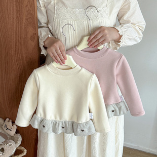 婴幼儿加绒打底衫秋冬新款女童花边爱心T恤女宝一体绒百搭长袖a类