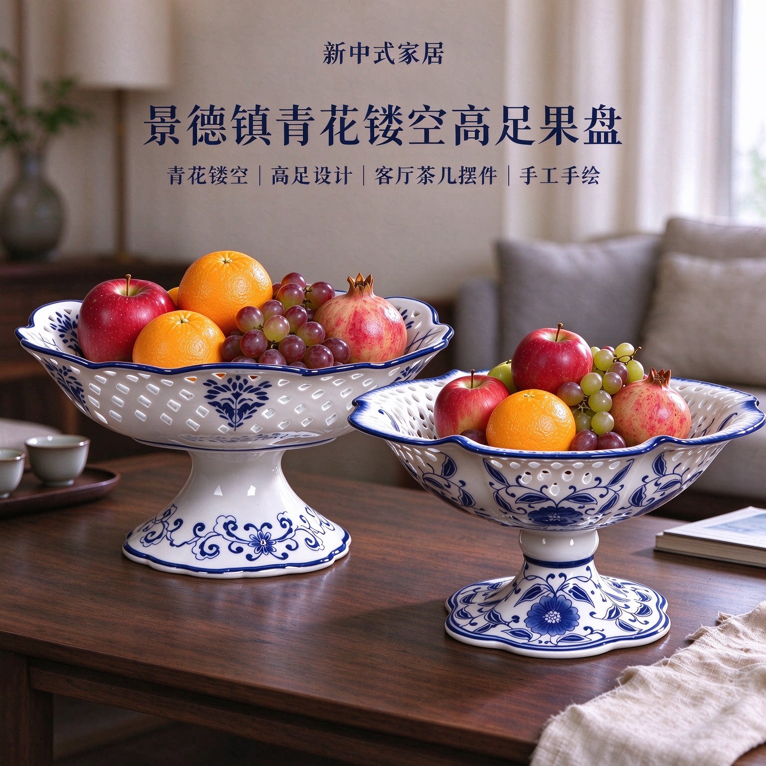 手工陶瓷中式青花高足果盘水果盘