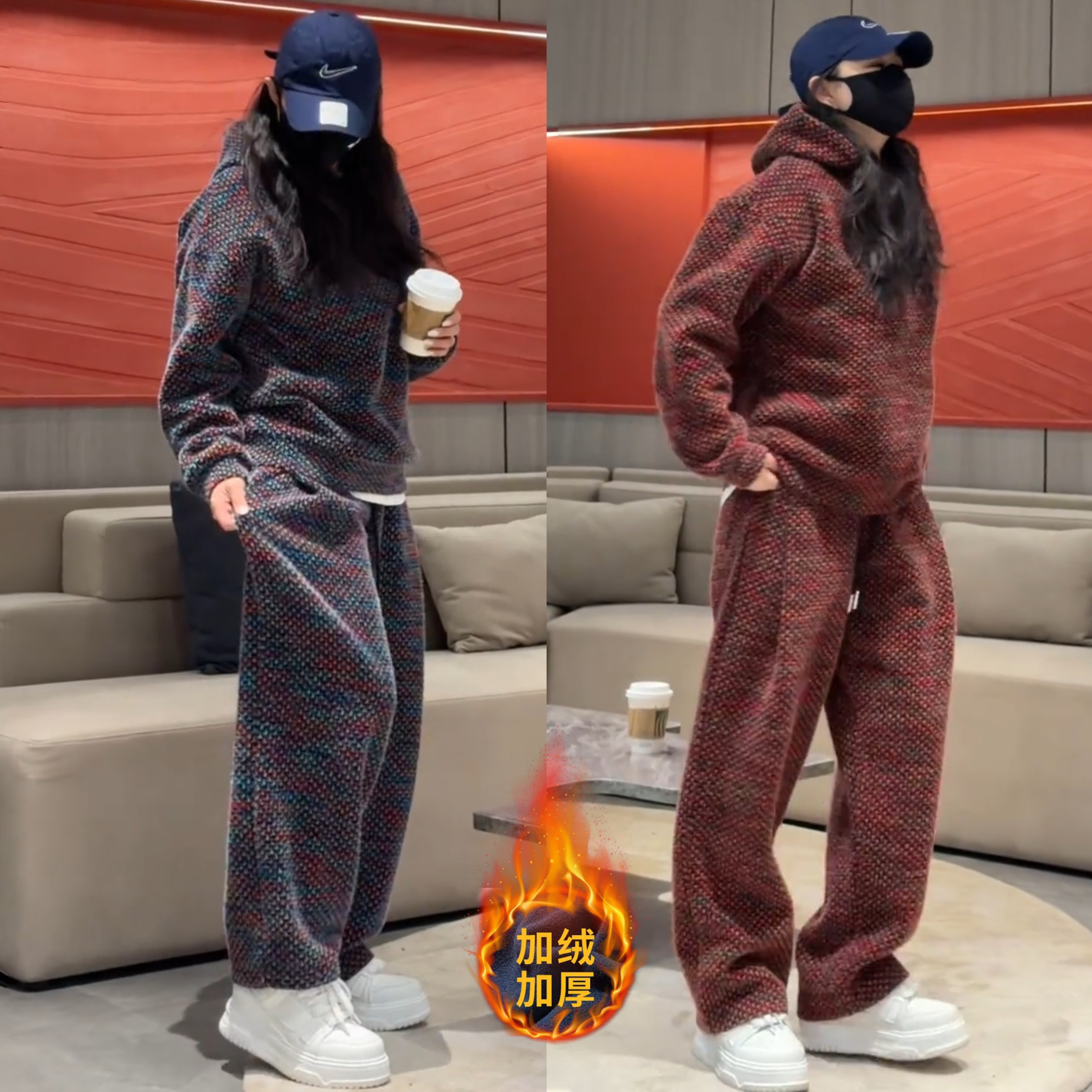 定制情侣款加绒色织提花休闲套装