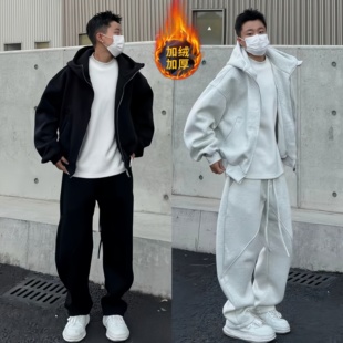 连帽卫衣阔腿裤 加厚开衫 两件套 男士 秋冬重磅加绒保暖休闲运动套装