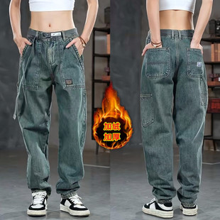 秋冬潮牌拼接复古加绒工装牛仔裤男美式阿美咔叽宽松大码直筒长裤