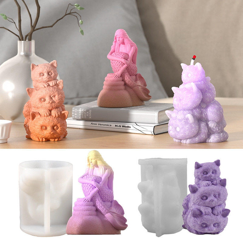 手工模立体3D美人鱼蜡烛模具堆堆猫咪石膏摆件香薰蜡烛硅胶模具