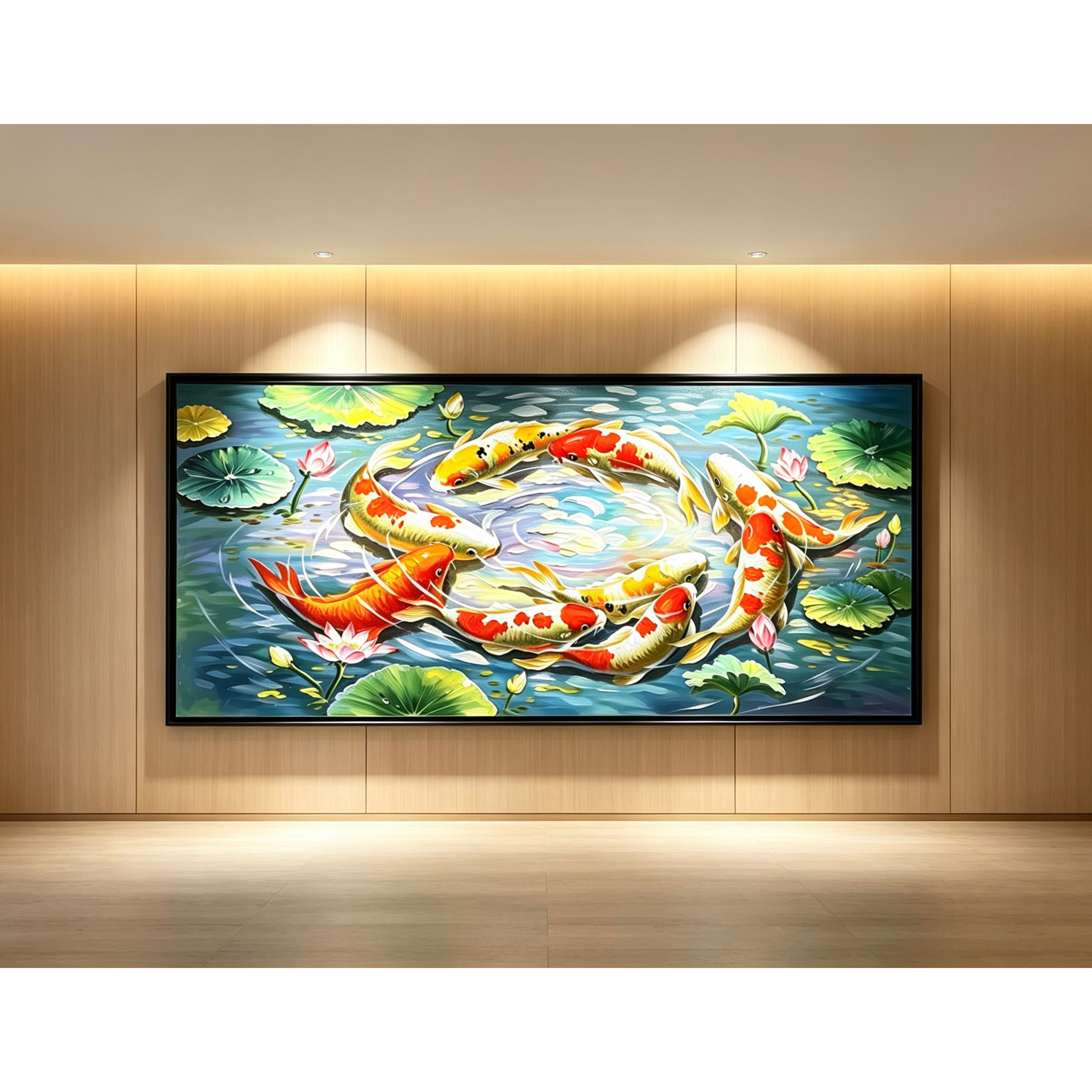 九鱼图手绘油画入户玄关装饰画中古风荷花锦鲤年年有余高级感挂画图片