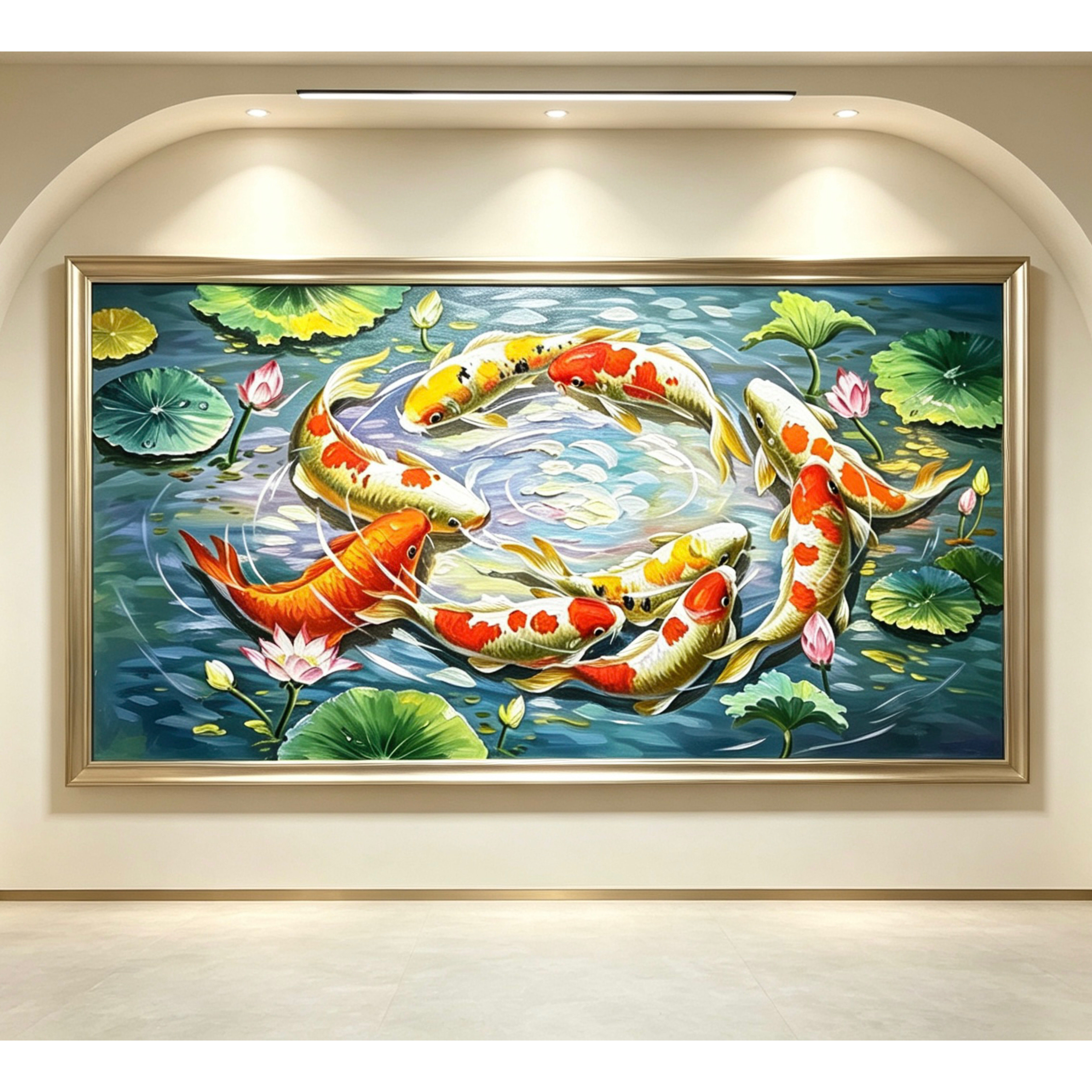 九鱼图桂花手绘油画新中式餐厅客厅装饰画寓意好富贵有余锦鲤挂画图片