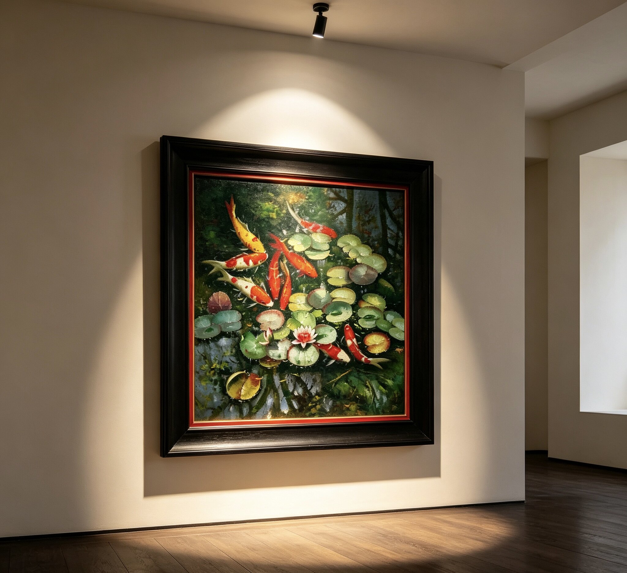 九鱼图手绘油画入户玄关装饰画中古风荷花锦鲤年年有余高级感挂画图片