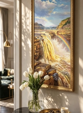 手绘油画黄河壶口瀑布画入户玄关装饰画正对门轻奢高级感客厅挂画