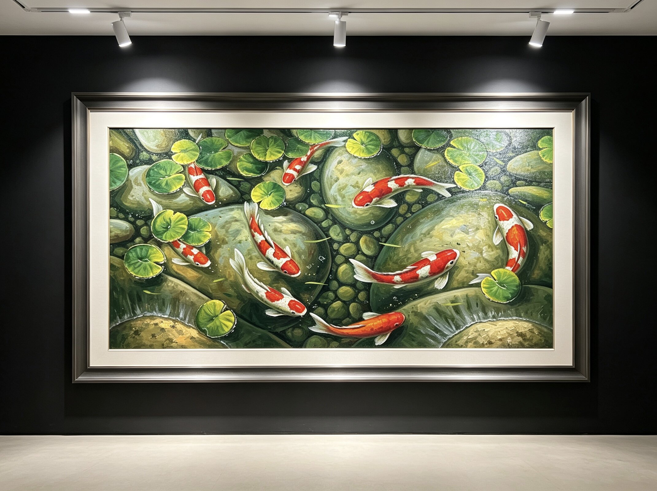 九鱼图手绘油画入户玄关装饰画中古风荷花锦鲤年年有余高级感挂画图片