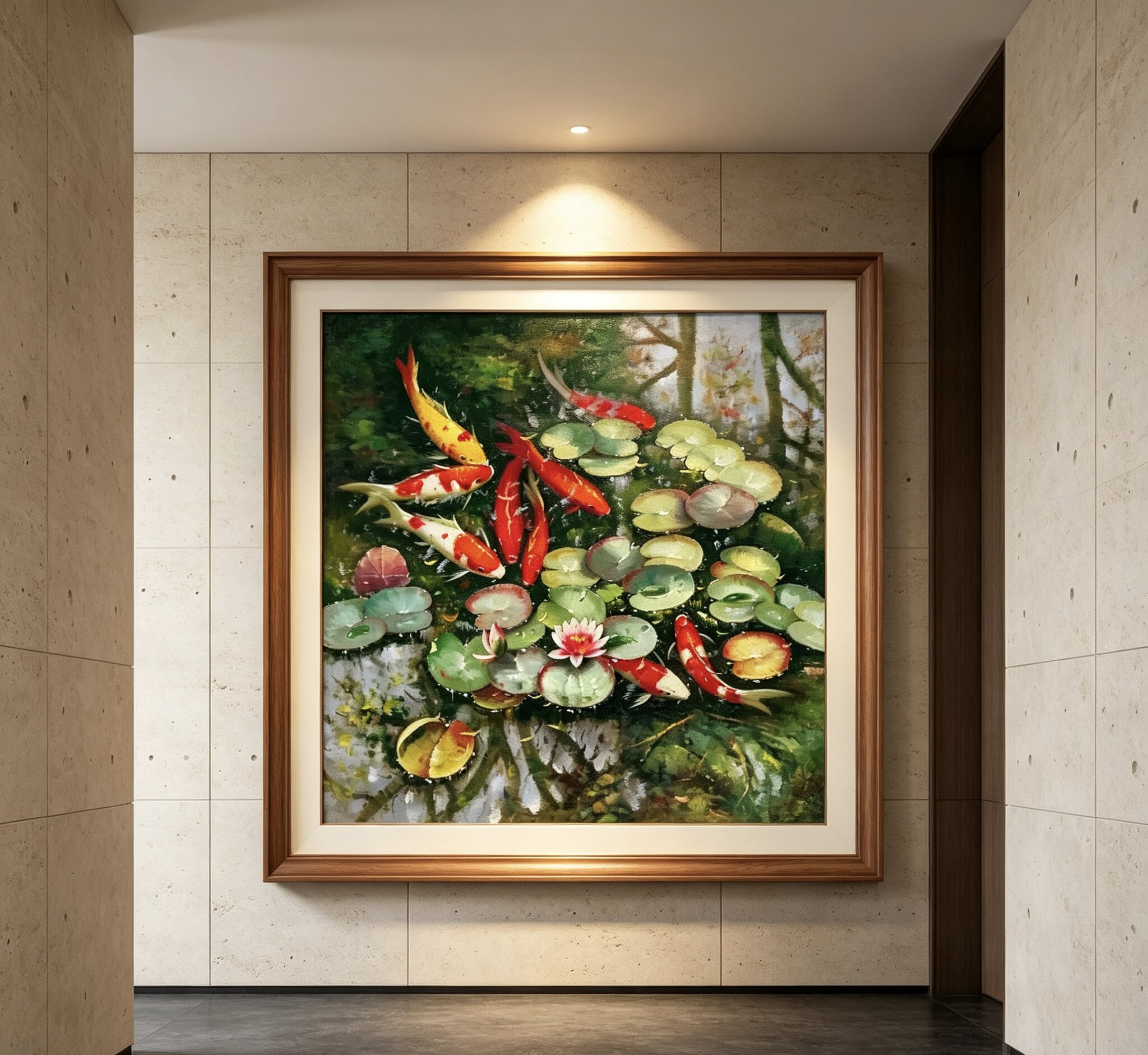 九鱼图手绘油画入户玄关装饰画中古风荷花锦鲤年年有余高级感风水图片