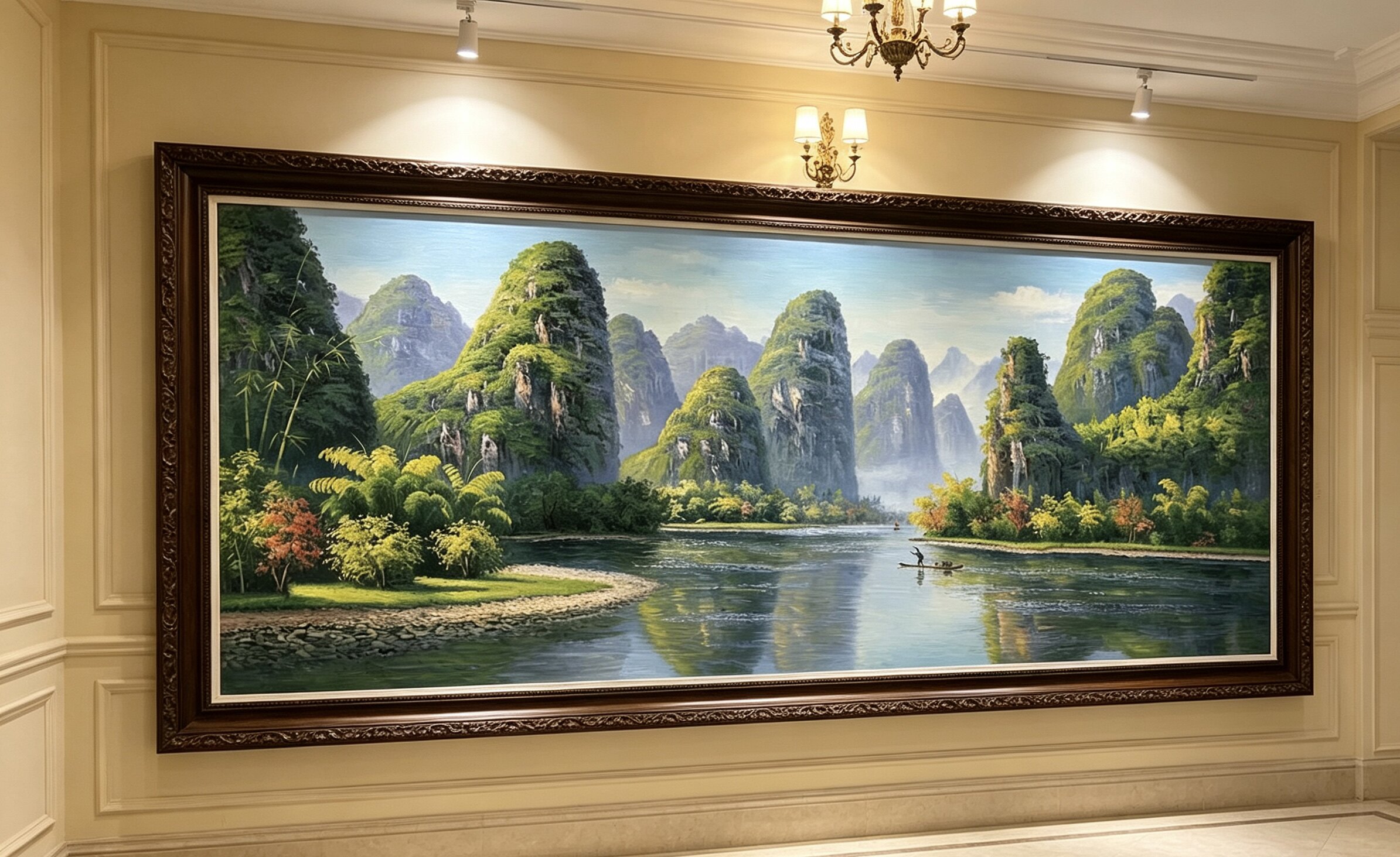 手绘桂林山水漓江风景油画装饰画现代中式客厅挂画大芬村大幅壁画图片