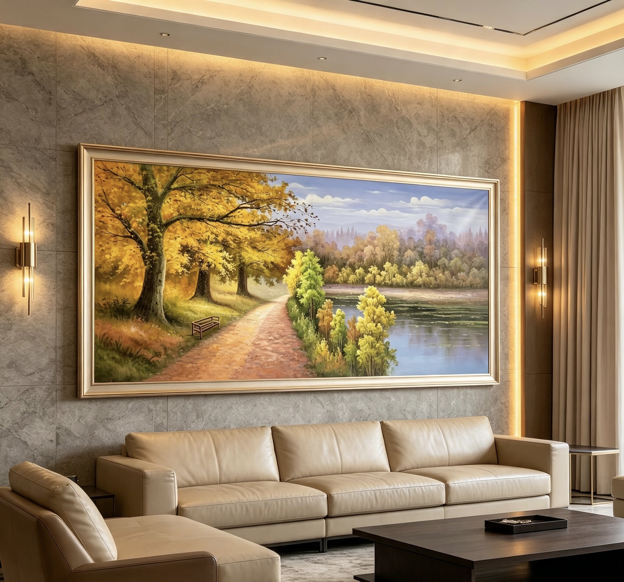 手绘黄金大道油画客厅装饰画沙发背景墙挂画壁画风景树林办公室画