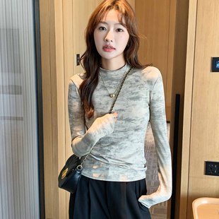 外穿T桖长袖 H269半高领迷彩打底衫 洋气修身 新款 上衣 女内搭秋冬季