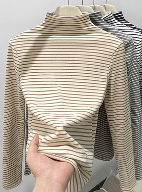H246条纹打底衫新款女装休闲韩版半高领上衣细条纹长袖T恤女内搭