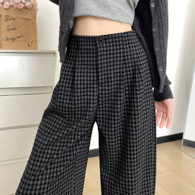 黑色格子阔腿裤女2025新款秋季宽松bf慵懒风垂感松弛直筒休闲