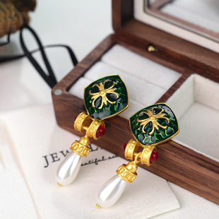 银针中古vintage滴油珍珠耳环女法式 复古宫廷风轻奢耳坠耳饰