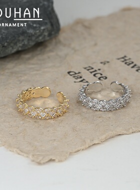 2026真金电镀微镶锆石个性开口戒指女感几何指环ins风精致食指戒