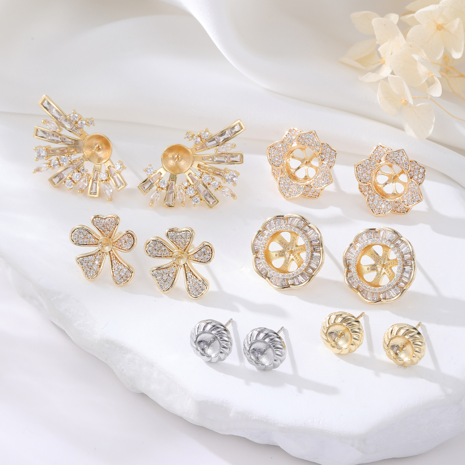 s925银针微镶锆石珍珠耳钉空托14k金半成品diy耳饰配件耳环女