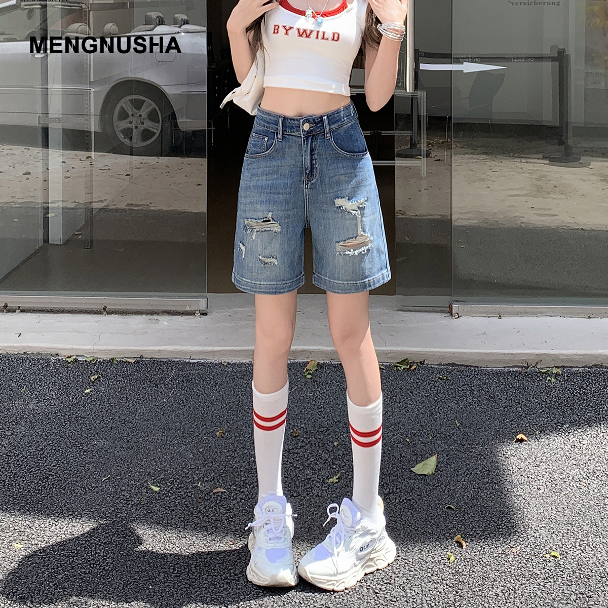 破洞五分牛仔短裤女夏季薄款高腰小个子宽松直筒阔腿复古辣妹中裤