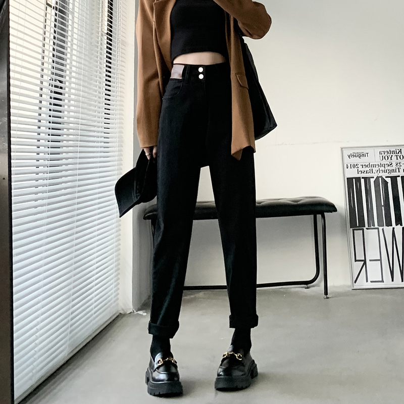 黑色哈伦牛仔裤女2023秋季新款设计感双扣高腰显瘦宽松百搭老爹裤