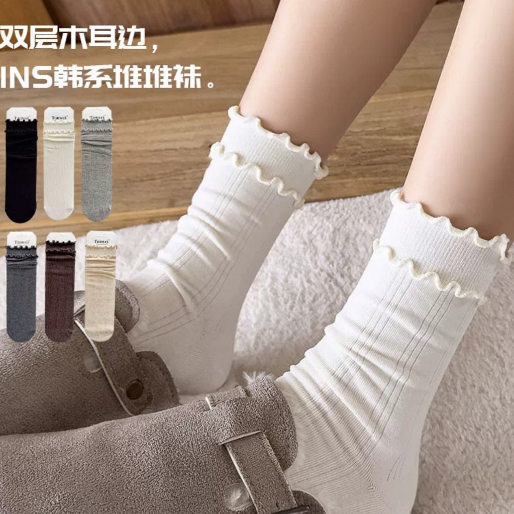 木耳边袜子女抗菌纯棉中筒堆堆袜白色搭配勃肯鞋无骨长袜