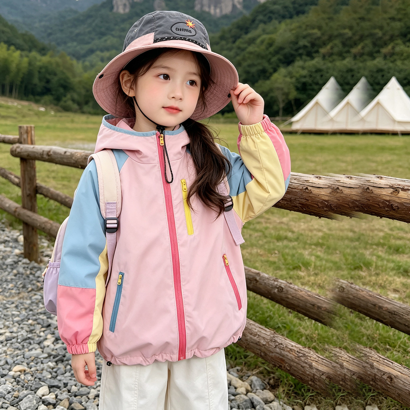 户外运动风女童连帽拼色外套秋冬2026新款防风小女孩冲锋衣三合一