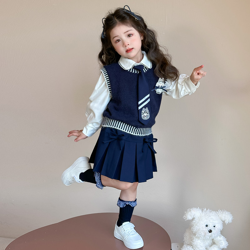 女童学院风套装春秋装洋气拉布布儿童衬衫马甲女宝jk百褶裙三件套