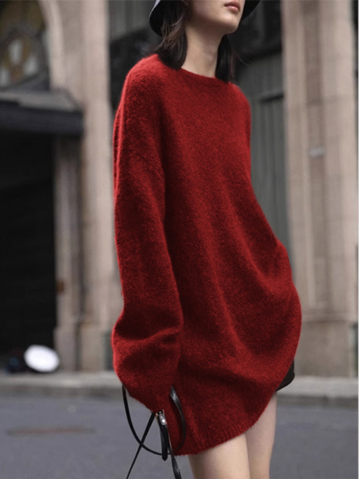 中长款软糯慵懒红色毛衣秋季新款女装圆领套头针织衫宽松显瘦上衣