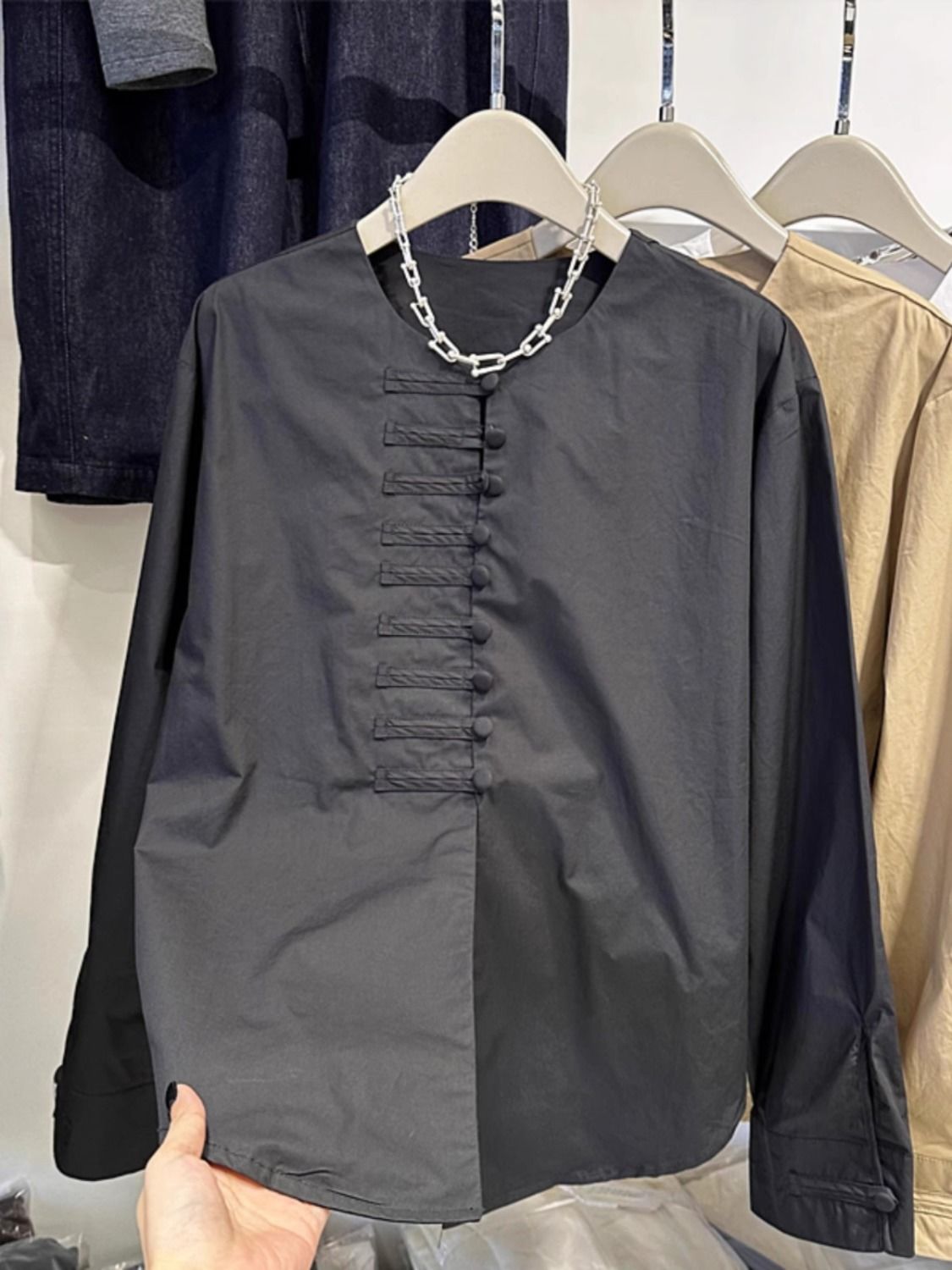 胖mm特大码300斤新中式盘扣设计感小众长袖无领衬衫国风上衣春秋