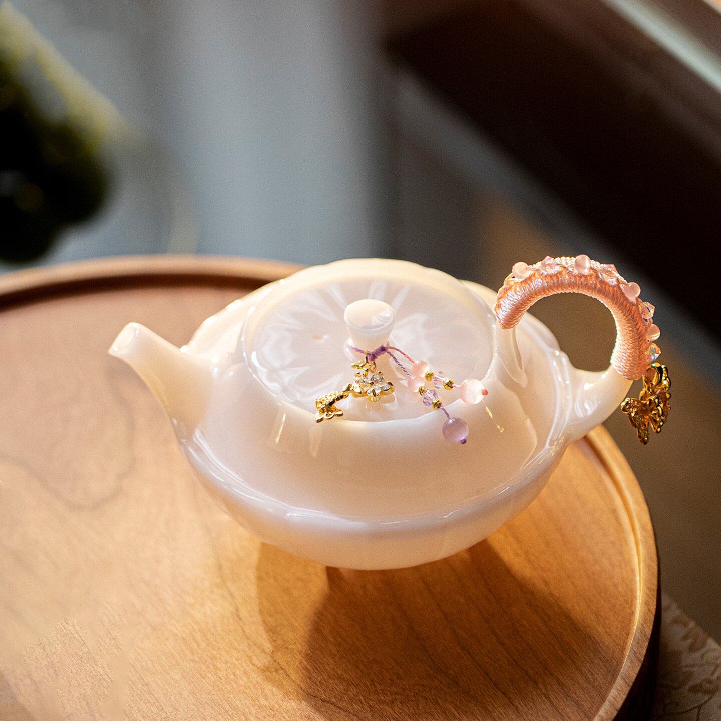 陈国钦大师作品精工粉色璞玉手执壶功夫茶具家用球孔过滤茶具茶杯