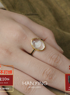 HANYING 折扇戒指 纯银原创设计气质复古珐琅水晶银饰 默叙