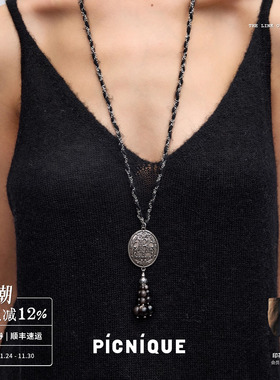 PICNIQUE圆牌流苏编织串珠项链