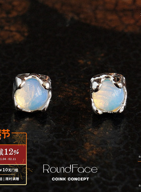 ROUNDFACE Dewy露水月光石纯银耳钉 原创设计复古银饰耳饰 默叙