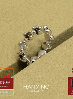 HANYING 花丛戒指 纯银原创设计气质复古虎眼石玛瑙银饰 默叙