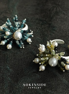 AOKINSIDE 纯银浪潮珠穗戒指 碧玺原创设计师手工开口戒银饰 默叙