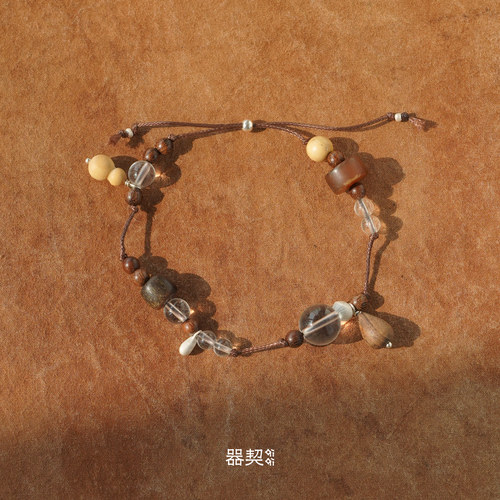 QIQI器契 x 默叙 小丰年纯银抽绳手链 原创绿檀乌金黄杨水晶手串